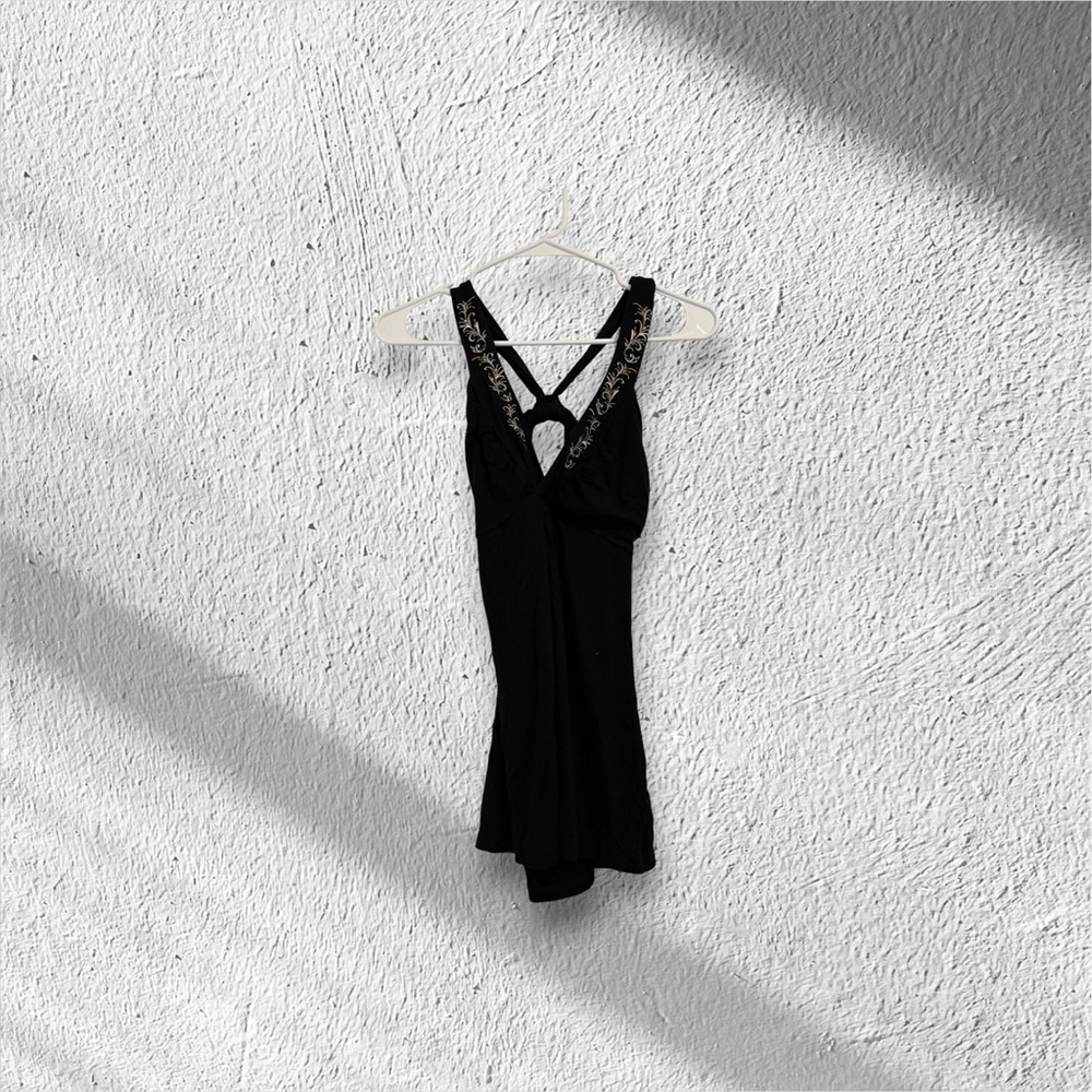 Vintage Black Embroidered Cross Back Tank Top | Y2K Boho Grunge Cami
